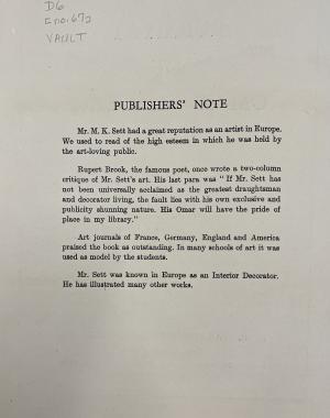 Picture of the Publishers' Note from 1946 edition of Rubáiyát of Omar Khayyám, with illustrations by M.K. Sett