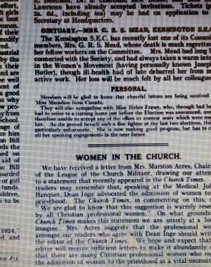 A picture of a section from a page in The Common Cause newspaper explaining perspective on women in the church.