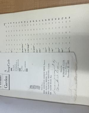 The cover of the edition includes the decorative design of pillars and arches with flowers, along with the title and information on the piece, Page of the musical score which includes a footnote from Fitzgerald's translation, Cover of the program