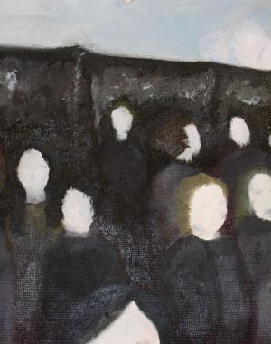A painting of a small crowd of faceless figures. Their hair colors are distinct, and shadows under the brows, chin, and nose give the impression of faces, but there are no distinct facial features on any of them. The enviornment seems to be an underground train station, with dark walls and a white ceiling.