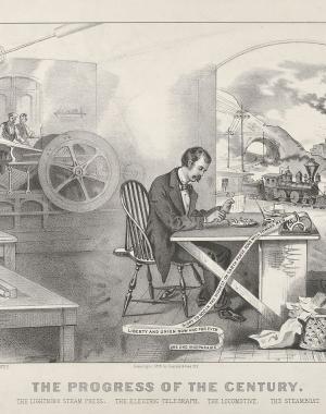 A seated man communicating by telegraph, men working on a printing press, a boy working at a table, and a train and steamboat in the background. 