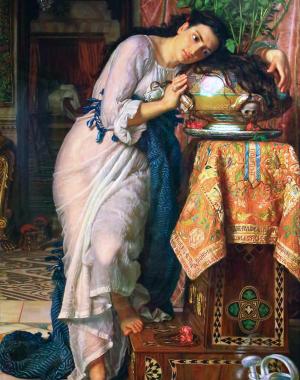Hunt's painting shows Keats' Isabella leaning toward her pot of basil, with her long dark hair draped over the pot