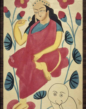 ca.1875 ink and opaque watercolor in the Kalighat style of Lakshmi from West Bengal