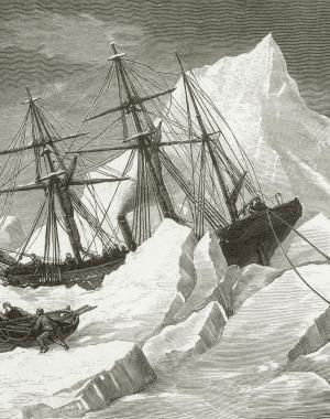 A 1818 expedition ship stuck in the ice. The sailers are feeling from the vessel because it is stuck frozen. 