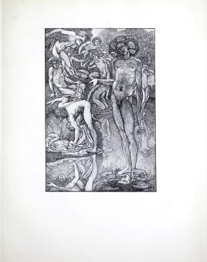 The black-and-white line drawing shows a naked man with flowers in his hair int he foreground at right, gesturing to a group of naked men grouped on the river bank behind him.