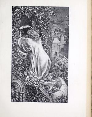 The black-and-white line drawing shows a robed young man kneeling on a tower's embowered window, embracing an invisible form.