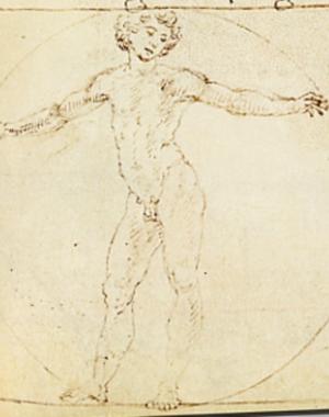 Francesco di Giorgio’s sketch of Vitruvian Man features a semi-turned male figure enclosed within a perfect circle centered around the genitals. 