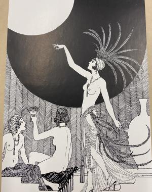 Nude women adorned in feathers drinking