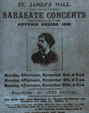 Three dates of Sarasate concerts at St. James's Hall listed with photo of Sarasate in center.