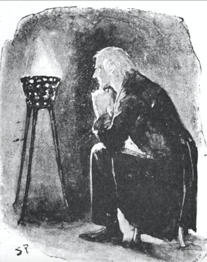 a man sits on a stool and stares into a fire