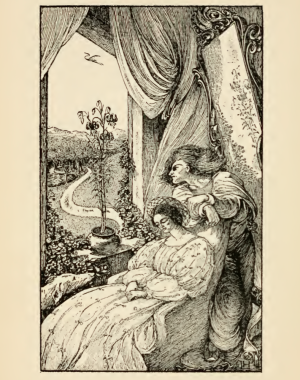 wood engraving of Prince Heron looking out a window & Princess sitting with eyes closed