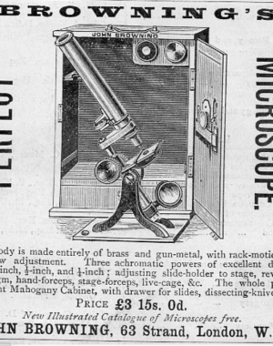 Browning's Perfect Microscope advertised with illustration of microscope and a list of its features.
