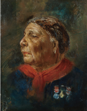 A painted portrait of Mary Seacole is displayed. Looking to the left, she wears six pins on her bust and a red scarf.
