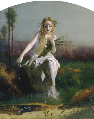 The painting depicts Shakespeare's 'Ophelia' in Hamlet advancing from a log towards water, in the centre of the painting