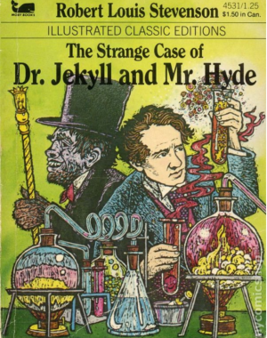 Colorful book illustration of Jekyll and Hyde