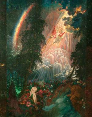 An oil painting of sunlight streaming into a forested space with what appears to be a waterfall in the background. There is a rainbow behind one of the trees reflecting light towards the viewer. Within the sunbeams is an angelic figure, around top middle of the painting. Bottom right, hidden in foliage, is a darker, more demonic figure, and bottom right, a regular, nude human woman amidst flowers.