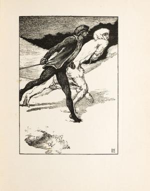 Wood-engraved illustration of White Fell transforming into her were-wolf form as she is chased out onto the snow by Christian.