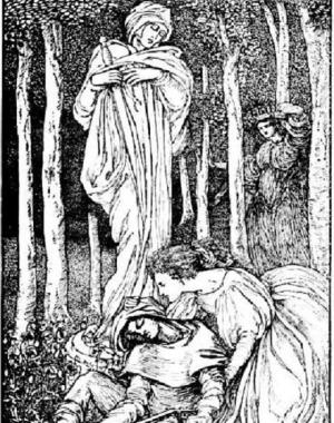 “The minstrel and the waiting-woman in front of the statue of the White King” 