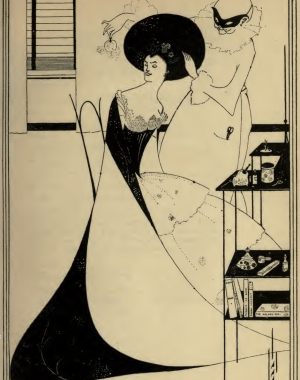 Illustration of Salome by Aubrey Beardsley. Salome is pictured in Victorian dress being groomed by a Pierrot-Harlequin figure in a mask.