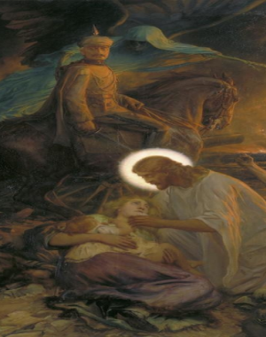 Kaiser Wilhelm II on a horse looking down on Jesus tending to a woman