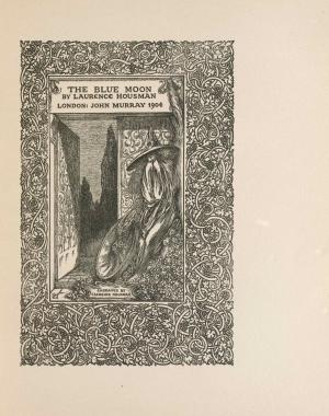 The detailed design showing a bearded figure in a broad hat standing by a door into a garden is surrounded by  an intricate tracery of vines and grapes.