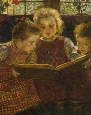 Painting of three young girls in red dresses looking at an open book.