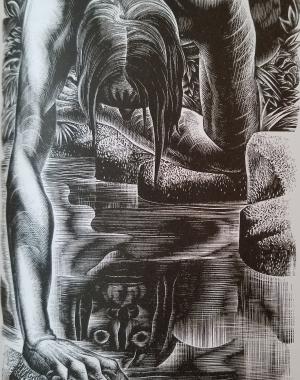 The Creature gazes at his own reflection 