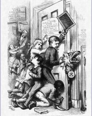 A political cartoon shows schoolchildren struggling to keep a wolf from entering their schoolroom.