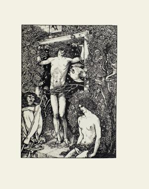 THe black-and-white line drawing depicts three naked or semi-naked male figures around an open doorway.