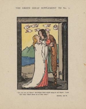 A framed and coloured image showing Deirdre and Naisi Embracing on threshold as Birds of Doom fly above them