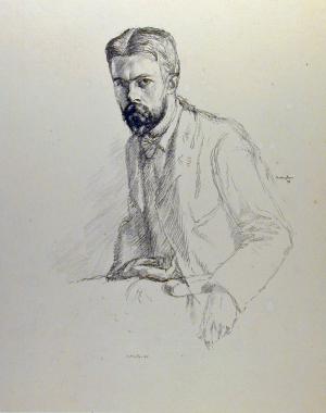 The image shows a line drawing of the head and torso of a man in a suit jacket with a trimmed beardseated in three quarter position.,