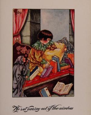 Prince Dolor is surrounded by his castle of books as he gazes out the window, with his godmother appearing on the side.