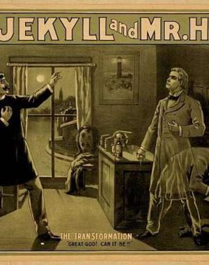 Theatrical poster of Jekyll and Hyde, Jekyll/ Hyde transforming with shocked third party
