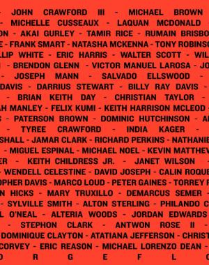 Names of over 100 Black People killed by police written in black ink with a red background
