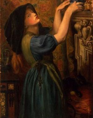 Young girl in a tapestried chamber, with a jar containing marybuds or marsh marigolds, she is arranging them on a shelf. Near her is a cat playing with a ball of worsted. 