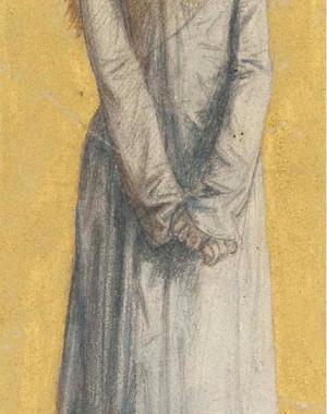 A drawing of a blonde women in a long white dress, facing forward to camera; hands are clasped in front, plain yellow background.