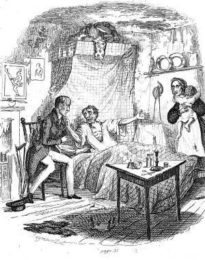 A man on his death bed visited by an old friend & mourned by his wife and child