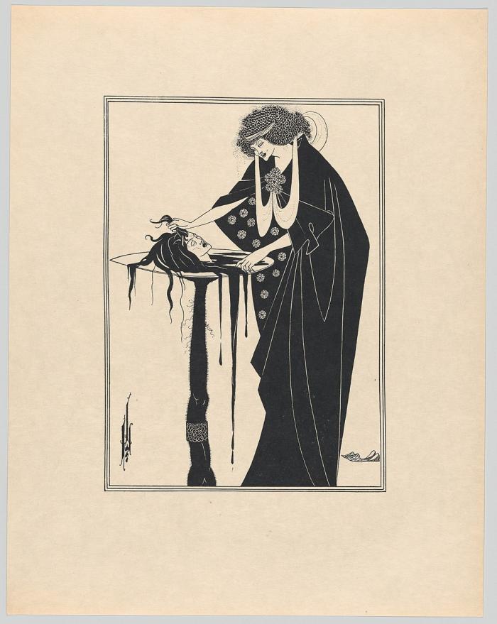 Black-and-white stylized image of woman looking at a man's decapitated head 
