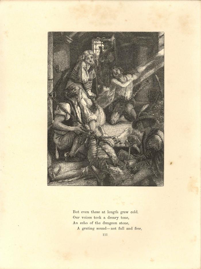 Detailed black-and-white wood engraving of a prisoner's cell with a corpse in foreground