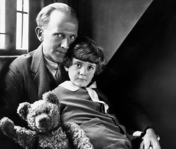 Author A. A. Milne with his son, Christopher Robin, and stuffed animal Winnie in 1926.