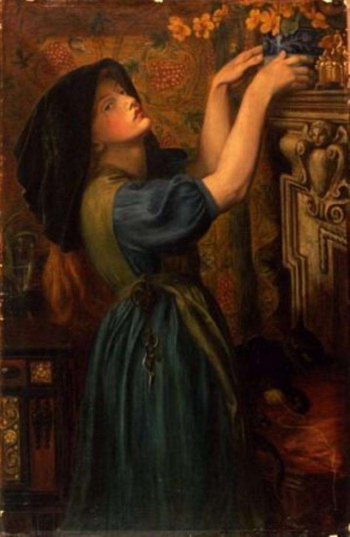 Young girl in a tapestried chamber, with a jar containing marybuds or marsh marigolds, she is arranging them on a shelf. Near her is a cat playing with a ball of worsted. 