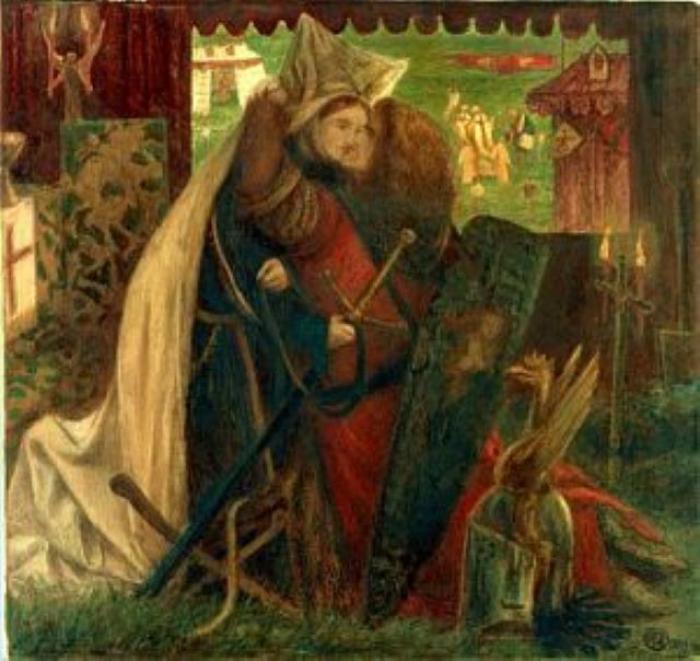 A lady and a knight praying before an altar. He offers his sword and she fixes her sleeve on his basnet. Overhead, in the distance, is seen ‘a black tower’, and beside is a black knight, mounted, waiting with his lance in rest for the combat.