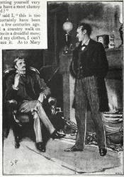 photographic reproduction of watercolour image showing a man standing in front of a fire whilst another man sits in a chair