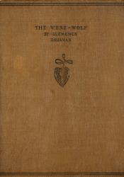 Brown cloth book cover stamped in black lettering with a decorative pomegranate device beneath. The black lettering, centered halfway between the top and middle of the cover, says “The Were-Wolf By Clemence Housman” in capital letters. 