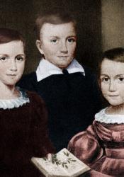 Childhood portrait of Emily Dickinson (left) and her siblings, Austin (centre) and Lavinia.