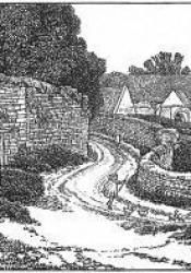 Wood-engraved scene of walled winding road with rooftops in distance