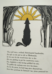 Picture book page with verse and image of wolf in silhouette