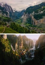 The picture show the Lauterbrunnen Valley compared to the imaginary location of Rivendell as seen in the movies of The Lord of the Rings