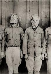 Gas masks from various periods during WWI. The third from right is an early British PH mask. Image courtesy of the Eyewear Blog