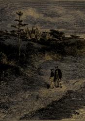 Etching of a young man and woman walking in the foreground. A large and imposing home looms in the background. The atmosphere is dark and gloomy. 